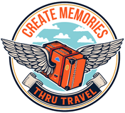 A red suitcase with wings and the words " create memories thru travel ".