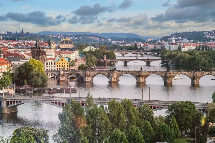 A view of the city from above, with many bridges.