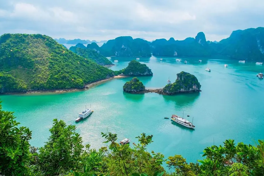 A view of some boats in the water.